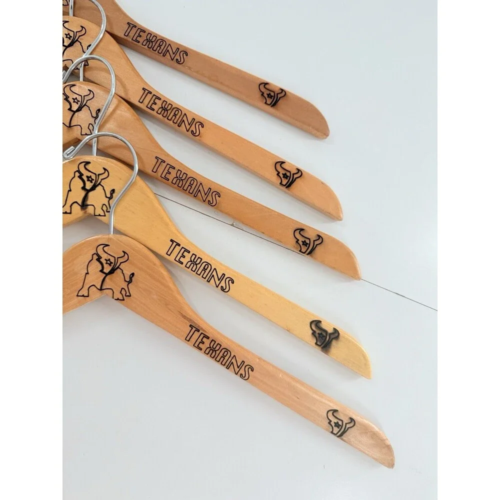5 Custom personalized wooden hangers featuring the Houston Texans logo and name